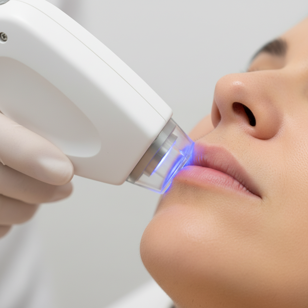 Close-up of a face receiving laser hair removal treatment