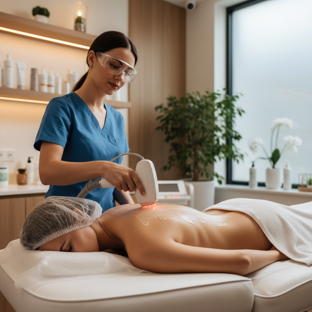 Person lying face down receiving laser hair removal treatment on their back