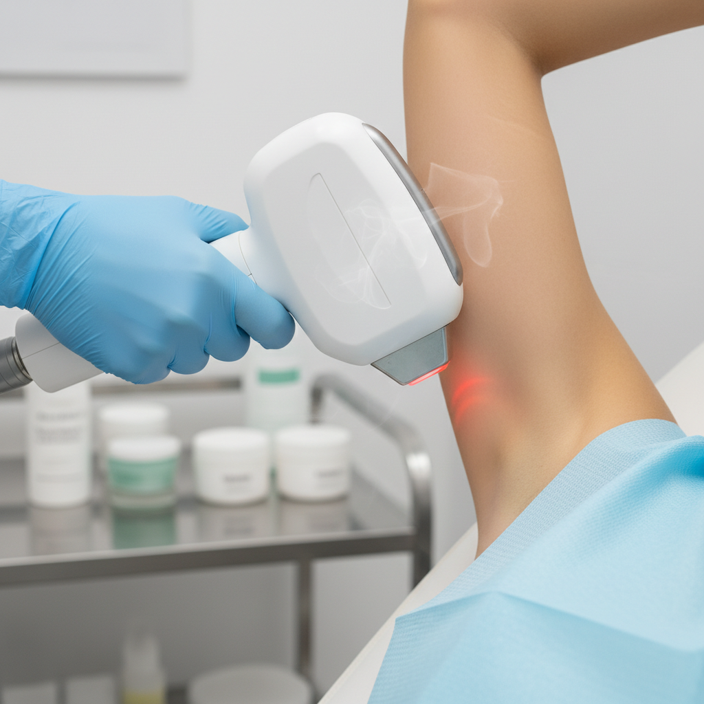Laser hair removal device being applied to underarm area during treatment